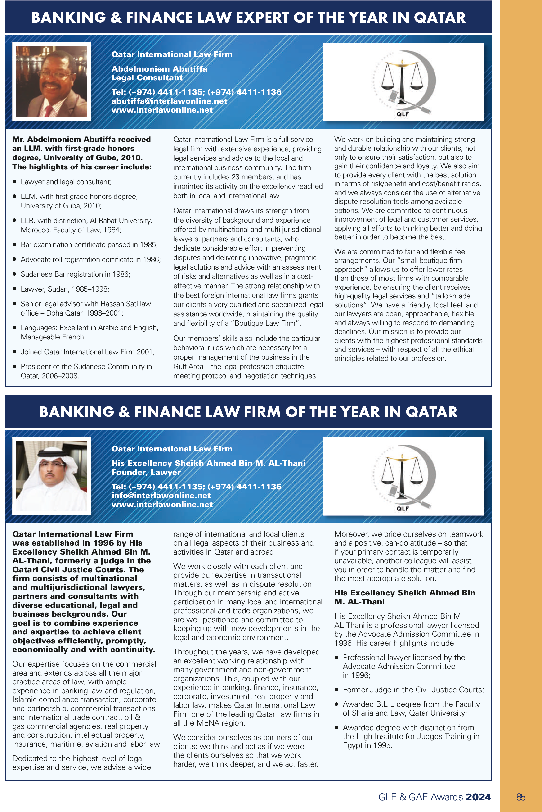 BANKING & FINANCE LAW EXPERT OF THE YEAR IN QATAR Qatar International Law Firm